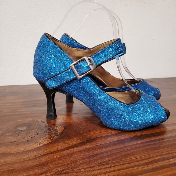 Burju Latin Dance Shoe Women's 9.5 Blue Glitter Sparkle Peep Toe Salsa - Picture 2 of 14